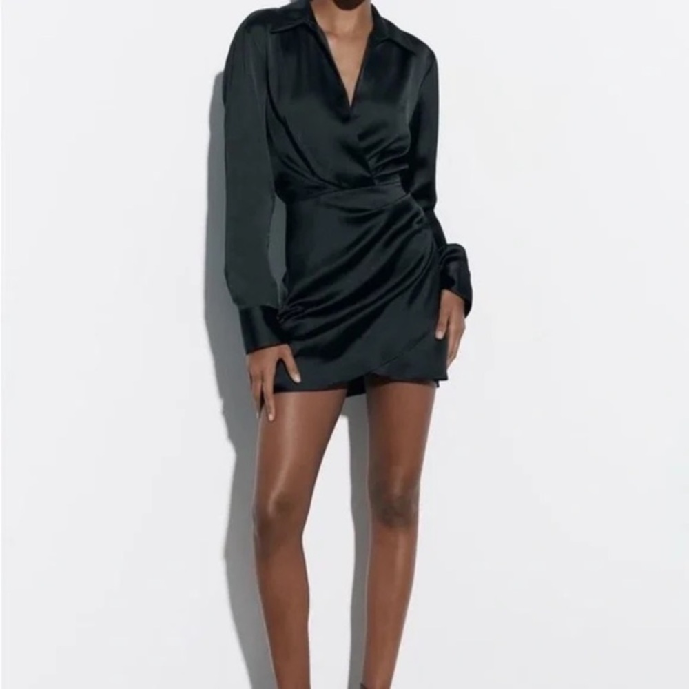 Zara Silky Satin Effect Ruched Wrap Shirt Dress Bloggers Fave M/6 NWOT Mango